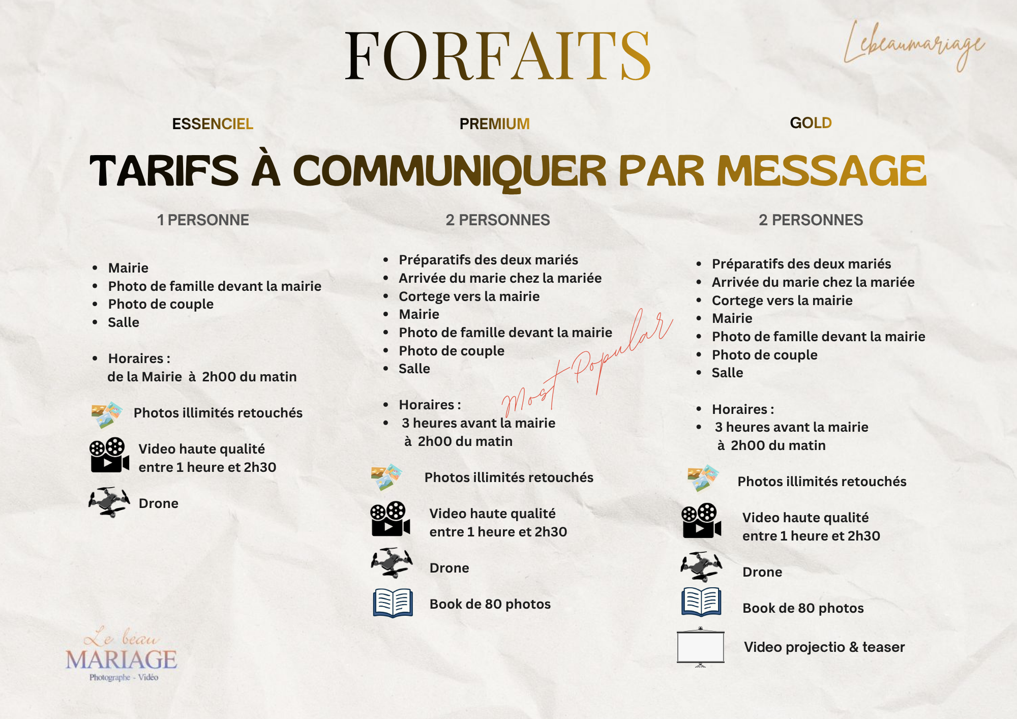 Forfaits Lebeaumariage — Essentiel, Premium, Gold